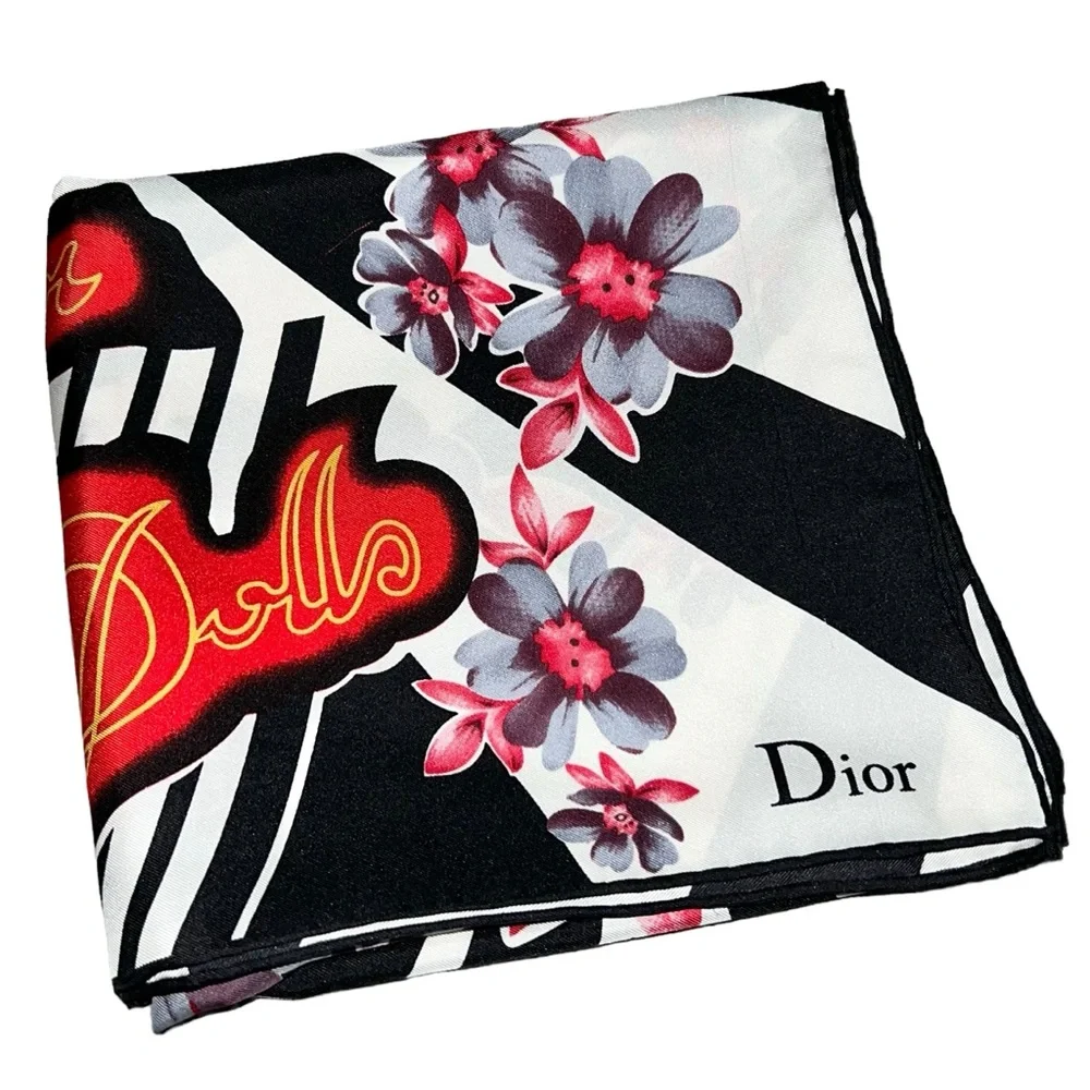 AUTH VTG Christian Dior Dolls Logo Floral Print Silk Large Square Scarf Top